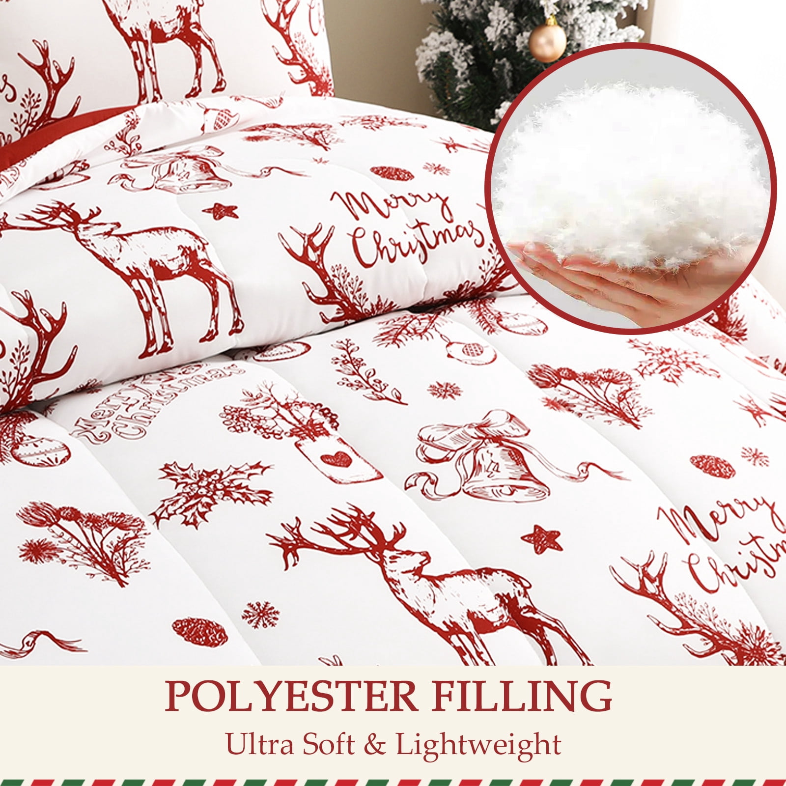 Exclusivo Mezcla Christmas Twin Size Comforter Set, 2 Pieces Reversible White and Rust Red Down Alternative Comforter Sets, Printed Christmas Reindeer Wreaths Pattern