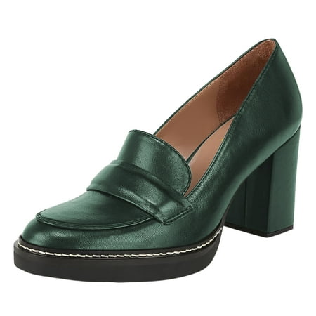 YDN Women Retro Round Closed Toe Penny Loafers Block High Heel Slip On Platform Pumps Working Dating Daily Shoes Size 14 Green