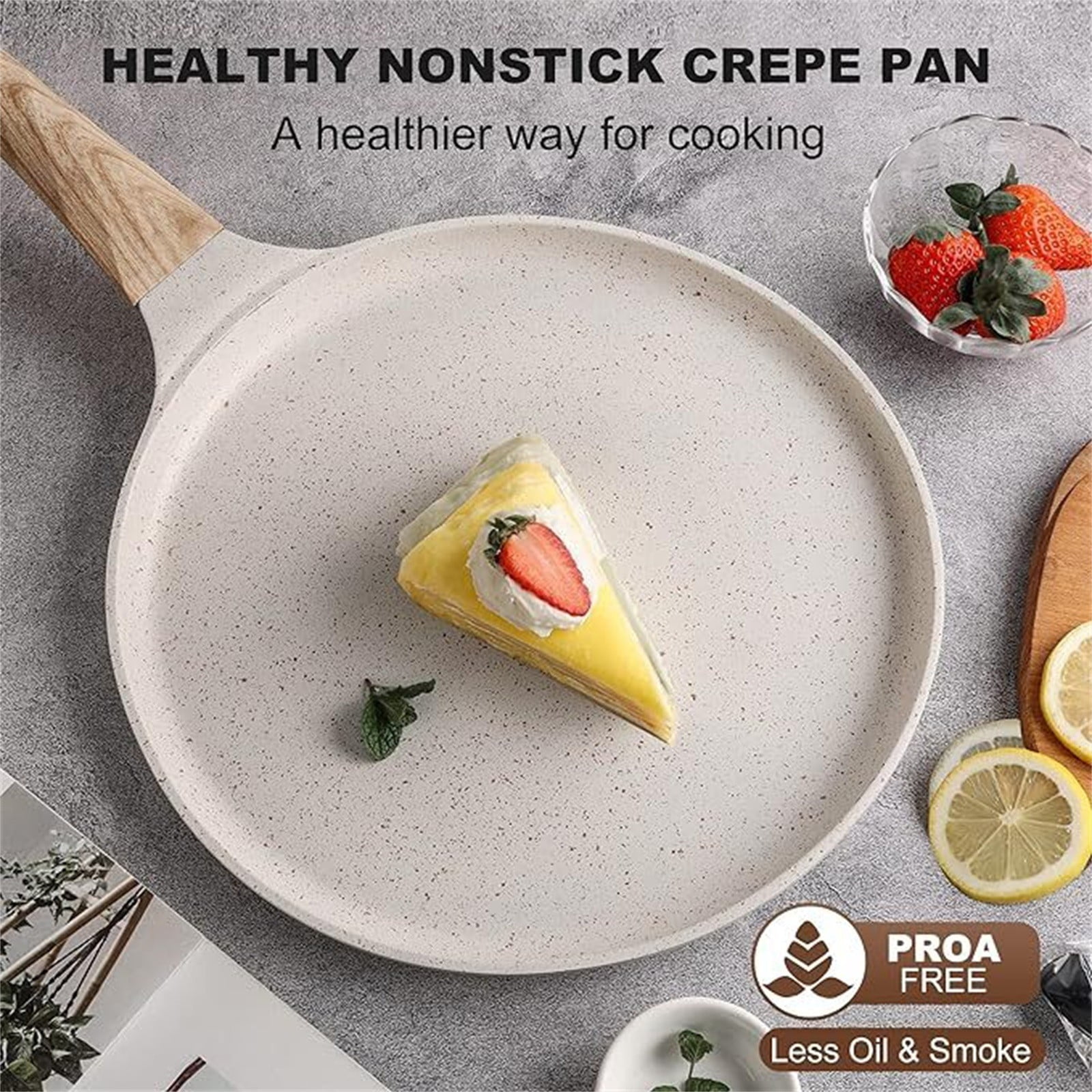 Kingtowag White Granite-Coated Frying Pan 20X20Cm, Non-Stick Crepe Pan with Spreader, Compatible with All Stovetops for Easy Cooking