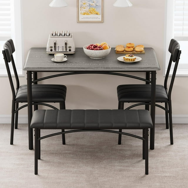 Ensemble de Table à Manger pour 4 avec Banquette Rembourrée et Chaises, Table Rectangulaire pour Petits Espaces