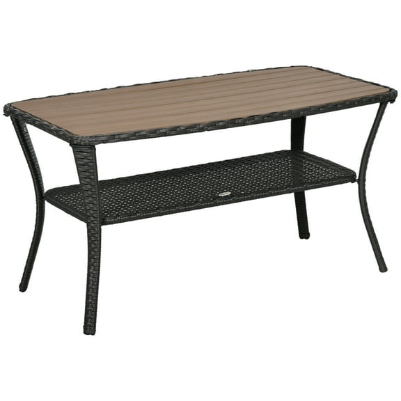Patio PE Rattan Coffee Table with Storage Shelf, Hand-Woven Tropical Style Outdoor Side Table
