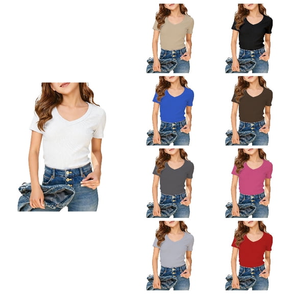 Kids Girls V-Neck Ribbed Tops, Form-Fitting Short Sleeve Tees, Soft Knit T-Shirts for Girls, Fashion Casual Tops for All Seasons
