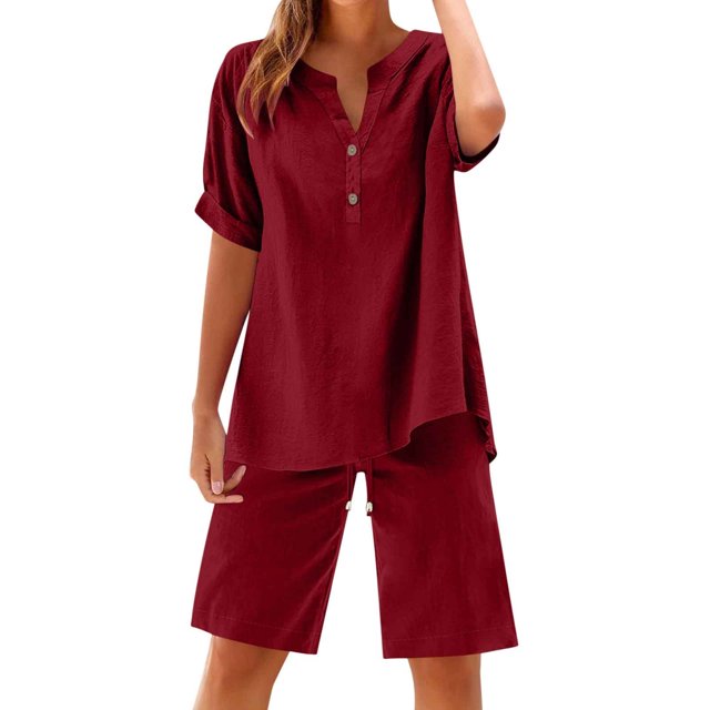 Enjoytime Summer Sets Women 2 Piece Outfits Solid Color Short Sleeve Button Down Blouse and Matching Drawstring Shorts Plus Size Outfits
