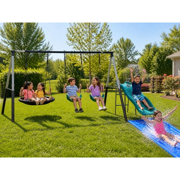 Lark Benton 5-Child Swing Set Wavy Water Slide & 6 Ft Water Tarp, Disc Swing, 2 Sling Swings, with Adjustable Heavy Duty Ropes, 16-Gauge Weather Resistant Steel Frame