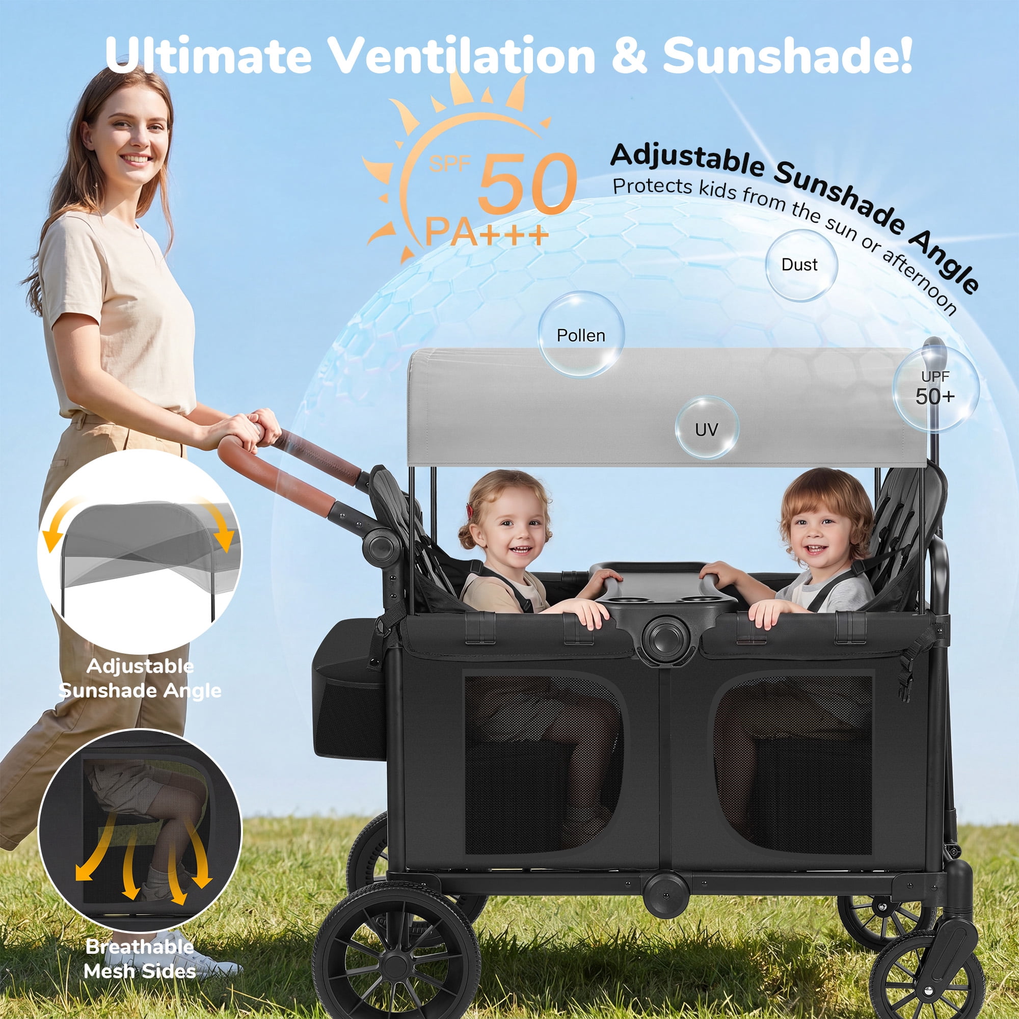 Neche Collapsible Wagon Stroller 4 Seater with 5-Point Harnesses, Canopy, Storage Bag, Adjustable Handlebar, 2 Cup Holders, Grey