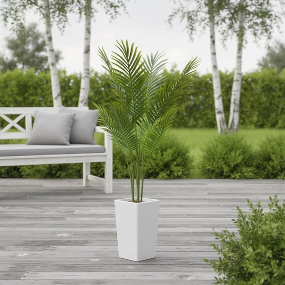 Artificial Palm Tree 4.5FT - Lifelike Fake Tree with White Tall Planter - Faux Tropical Areca Floor Plant in Pot - Artificial Silk Plant