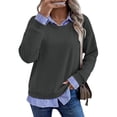 thumbnail image 2 of Dpjklzsn Women's Faux Layered Sweatshirt, Striped Collared Shirt Hem Long Sleeve Crewneck Pullover, Relaxed Casual Top, 2 of 9