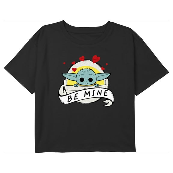 Girl's Star Wars: The Mandalorian Grogu Be Mine Bassinet Graphic Cropped T-Shirt Black X Small