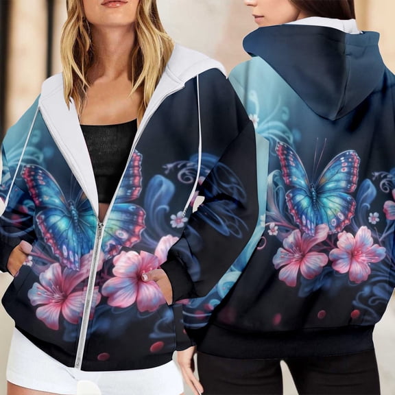 Women's Fashion Hoodies Thick Butterfly Print Hooded Long Sleeve Loose Fit Zip Up Pockets Jacket for Everyday Wear Sweatshirts for Women Sky Blue L