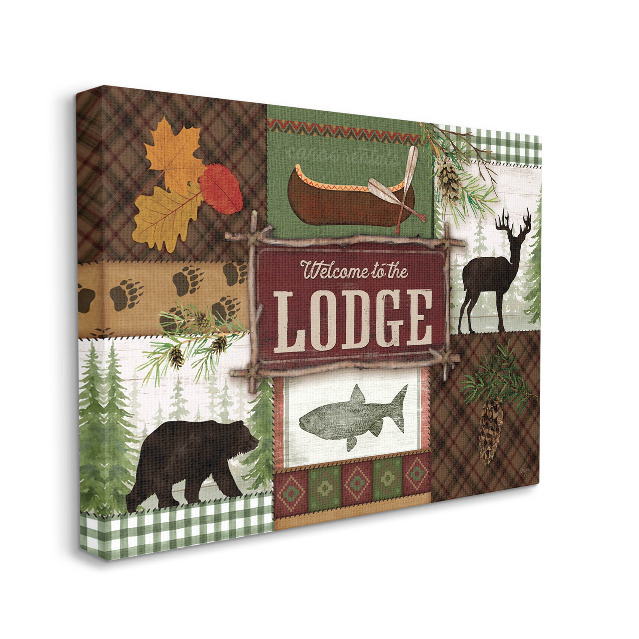 Welcome Lodge Plaid Wildlife Sign Animals & Insects Graphic Art Gallery Wrapped Canvas Print Wall Art