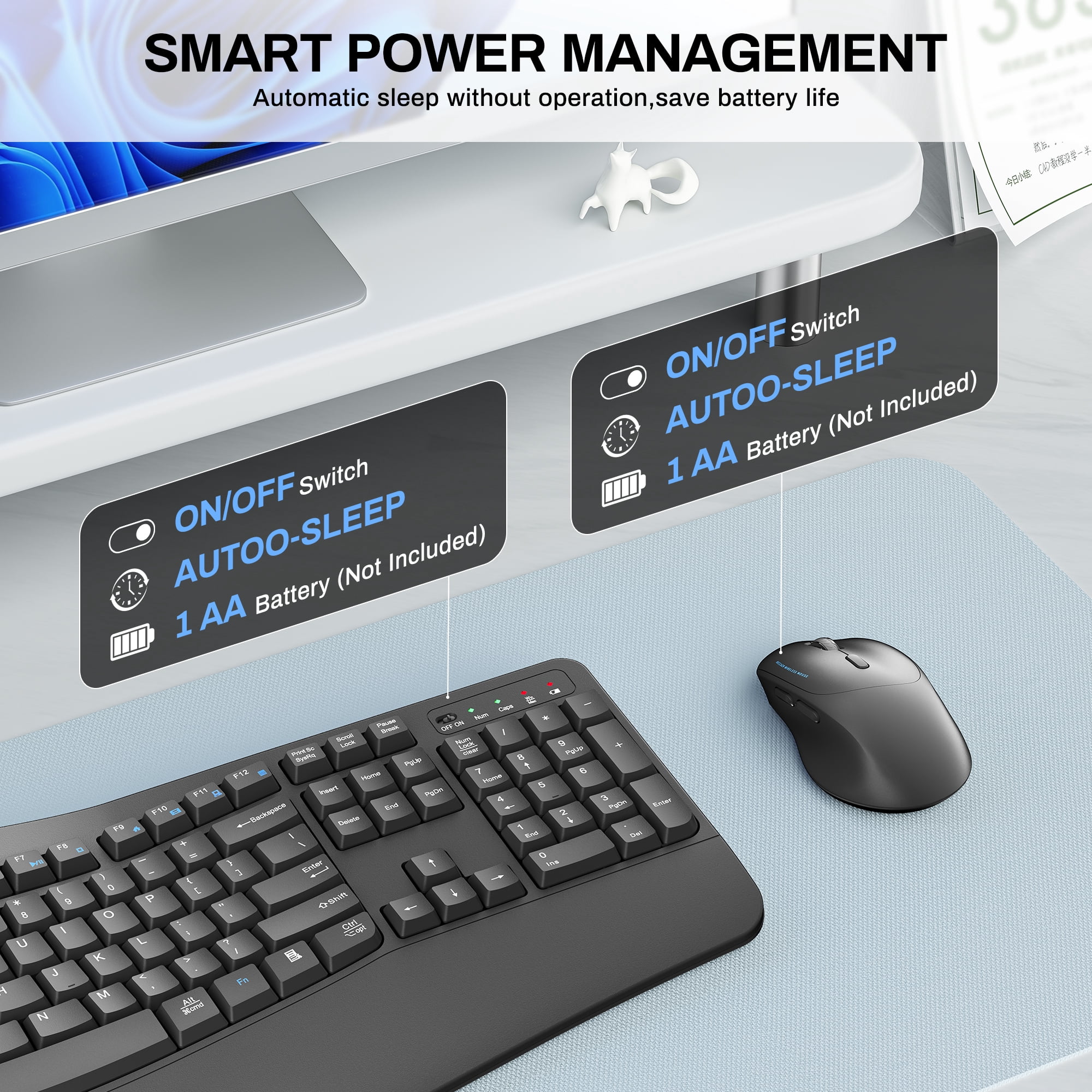 Wireless Keyboard and Mouse Combo, 2.4G Full Size Wave Keys Ergonomic Keyboard with Wrist Rest and 3-Level DPI Adjustable Wireless Ergonomic Mouse for Windows, Mac OS Desktop/Laptop/PC(Grey)