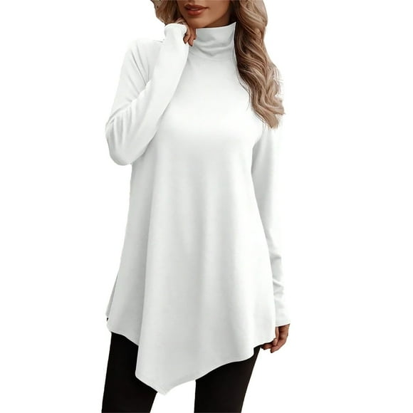 Duoif Women's Tops Solid Color Turtleneck Long Sleeve T Shirt Women's Casual Loose Large Size Solid Color Knit Sweatshirt Tshirts Shirts for Women White L