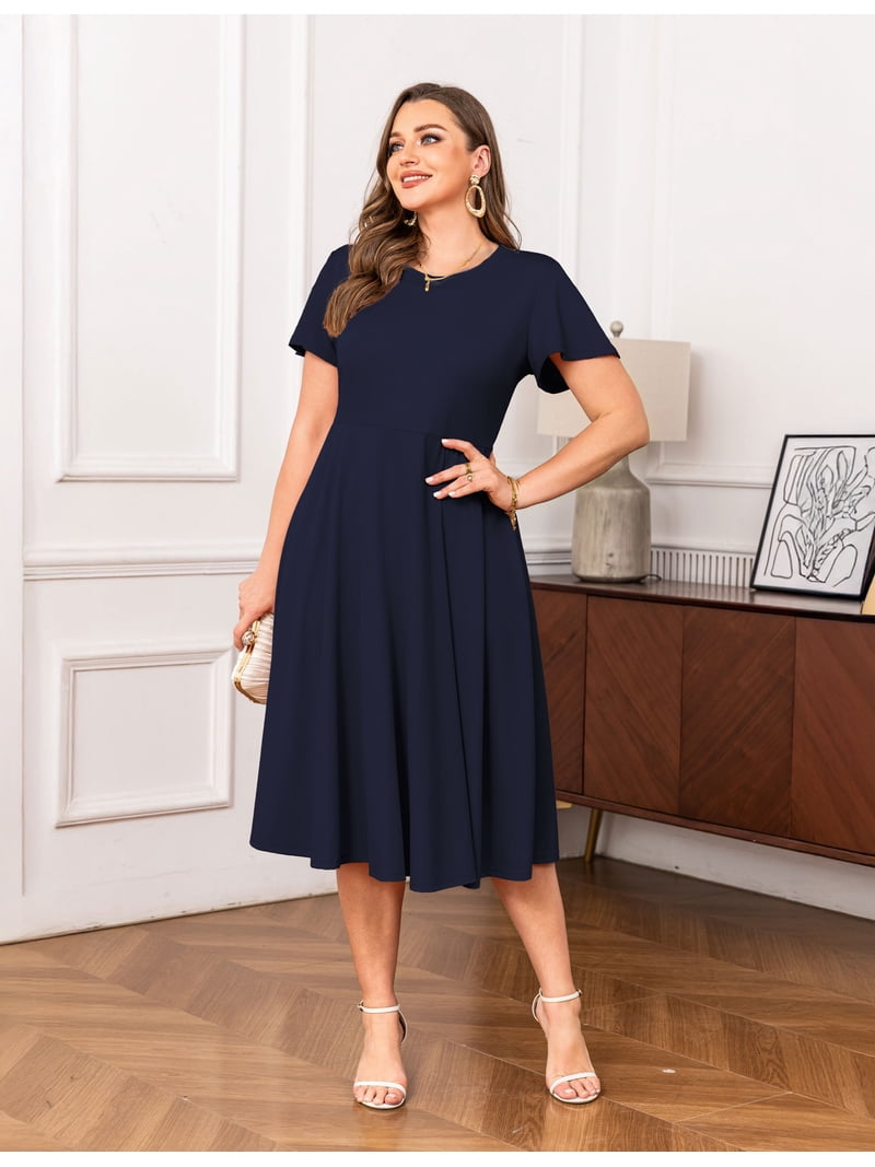 A.jesdani Womens Plus Size Dresses Flutter Sleeve A-Line Midi Dress Wedding Guest Dress Navy 2X