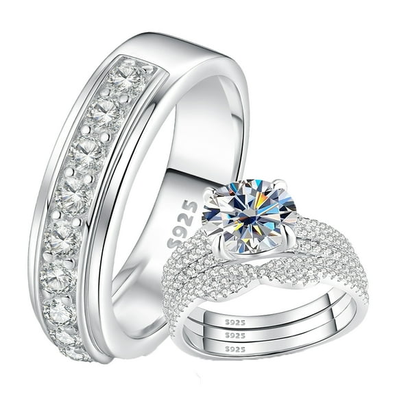 SFTING Wedding Ring Sets for His and Hers 4Pcs 925 Sterling Silver 5A CZ Engagaement Ring Set Couple Wedding Rings 9&7