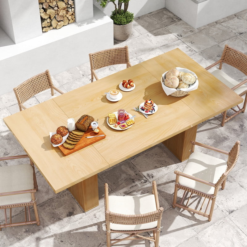 Hawsaiy 78" Rectangular Farmhouse Dining Table for 6–8, Large Kitchen Table with Grooved Wood Base, Thick Waterproof Top for Dining Room, Natural