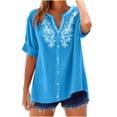 thumbnail image 2 of Qwertyu Linen Shirts for Women Spring Summer Casual Short Sleeve Embroidered Boho Tops Loose Fit Button Down Blouses Trendy Dressy V Neck Work Shirts Sky Blue S, 2 of 6