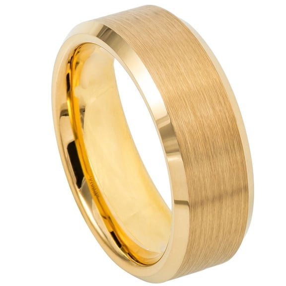 Custom Personalized Engraving Wedding Band Ring Set for Him & Her - 8mm Yellow Gold IP Brushed Center, Shiny Beveled Edge