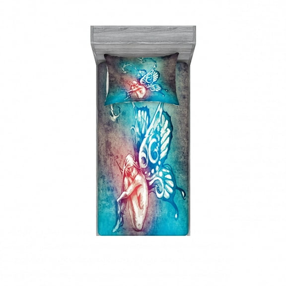 Ambesonne Fantasy Fitted Sheet & Pillow Sham Set, Butterfly Winged, Twinxl, Blue Purple