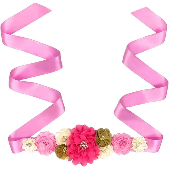 Maternity Sash Belt with Flower Bridal Rhinestone Belt for Women Wedding,Pregnant Baby Shower Party Photoshoot Princess Pink