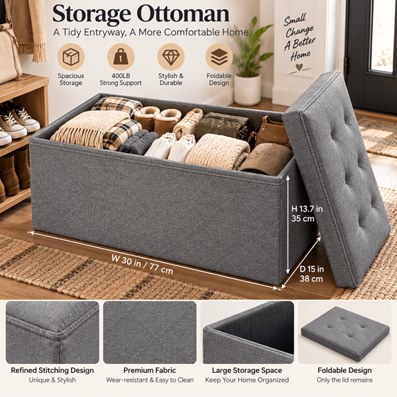 30" Storage Ottoman Bench, Folding Ottoman Foot Rest, Storage Chest with Thicker Seat, Storage for Blankets in Living Room, Entryway, Bedroom,