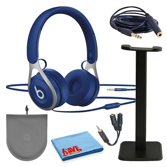 Beats EP On-Ear Wired Headphones - Blue (ML9D2LL/A) Bundle with Headphone Stand + Extension Cable + Headphone Splitter + More