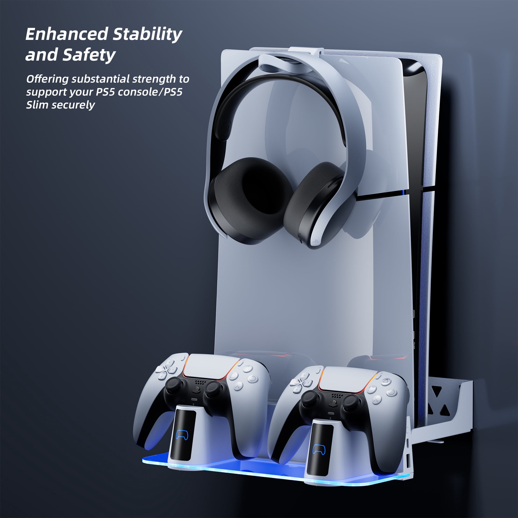 PS5 RGB Wall Mount Kit with Dual Charging Station, Shelf Mount Compatible with Both PS5 and New PS5 Slim Consoles, Wall Hanging Stand for Playstation 5 Accessories with Headset Holder