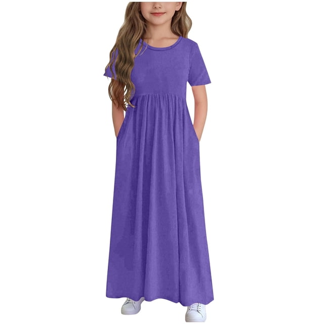 Vestido de manga corta con cuello redondo para niña, estampado de poliéster, con bolsillos con volantes y manga corta, en color liso.
