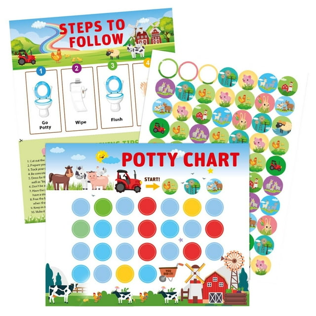 Toilet Training Stickers featuring colorful cartoon potty decals designed for toddlers. The set includes a potty chart with farm-themed illustrations, steps to follow for potty training, and a variety of removable, waterproof stickers with animal and farm designs. Made of plastic, the stickers are easy to apply and remove, making toilet training fun and engaging for children. Package dimensions are 26x21x1cm, and the weight is 180g.