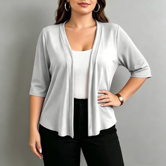 Plus Size Women's Open Front Shrugs 3/4 Sleeve Soft Cardigan Solid Color Dressy Casual Everyday Coat White Blazer Dress 4XL