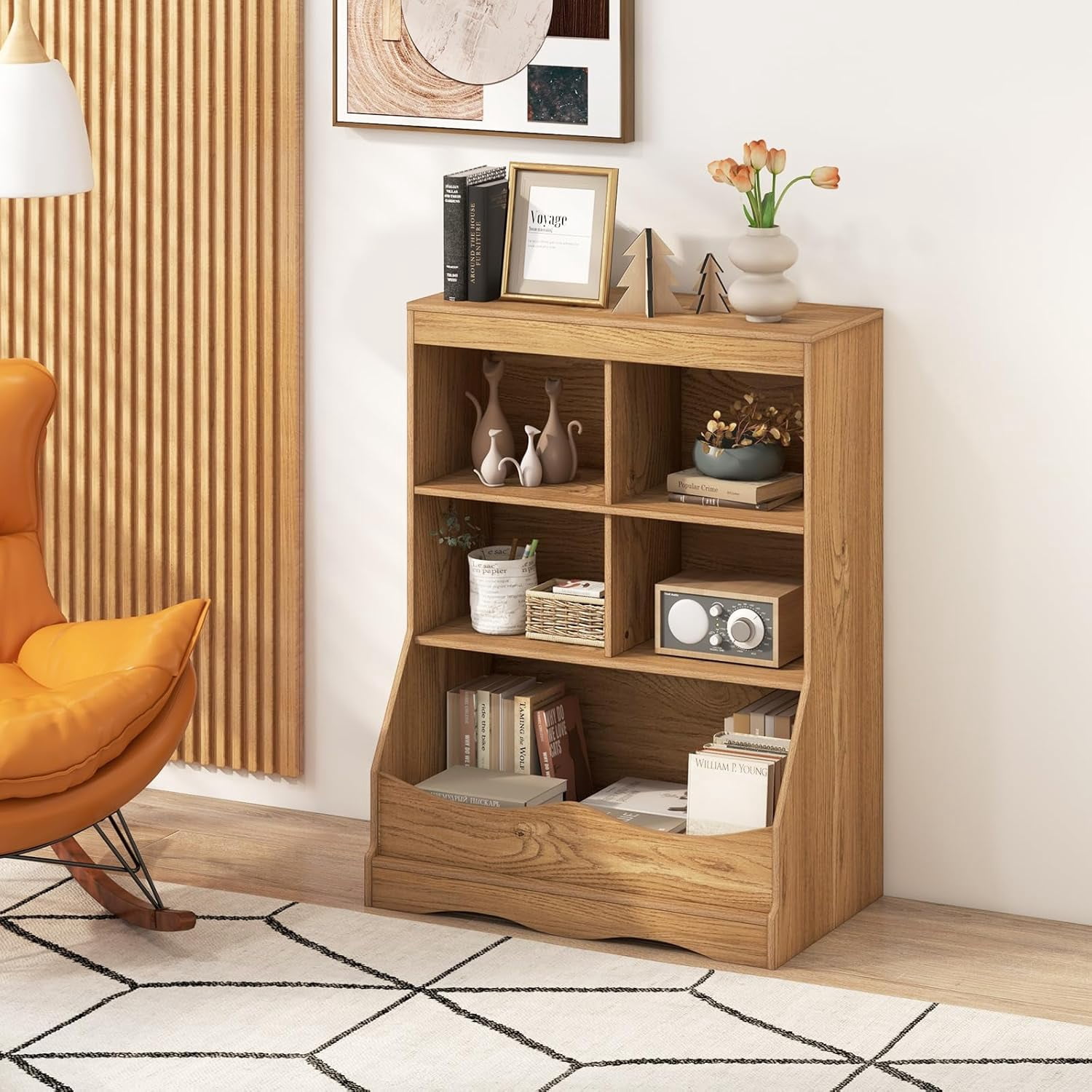 LINJH Storage Cabinet, Small Bookshelf, Short Bookcase with 4 Open Cube & Bottom Compartment, Anti-Tipping Device, Foot Pads, Cubby Storage Organizer for Study, Living Room-Natural