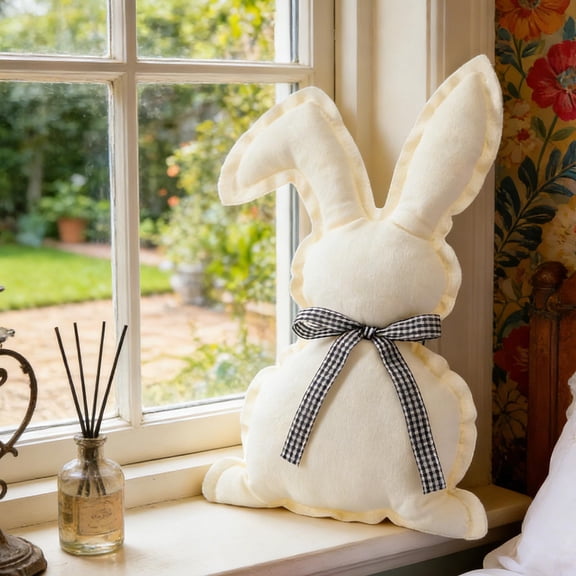 Easter Bunny Shaped Throw Pillow - Cute 3D Rabbit Decorative Cushion with Bow Tie, Soft Linen Blend Animal Pillow for Sofa Bed Nursery, Spring Holiday Home Decor and Kids Gift