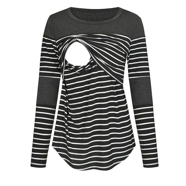 Bellella Women Maternity Nursing T Shirt Long Sleeve Stripe Print Fall Tunic Tops Breastfeeding Blouse Shirt Round Neck Longline