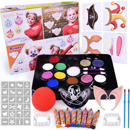 60 PCs Halloween Face Painting Kits for Kids, Kids Make Up Kit with Water Based Paints, Glitters, Stencils, Crayons, Make Up Tools, Pretend Play Accessories, Instruction Book, Safe & Non-Toxic F-236