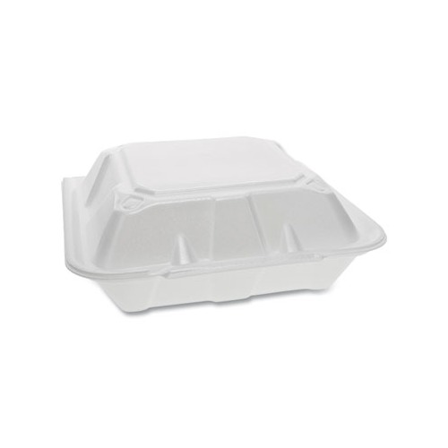 Pactiv Foam Hinged Lid Containers, White, 9 x 9 x 3-1/4, 3-Compartment, 150/Carton -PCTYTD19903