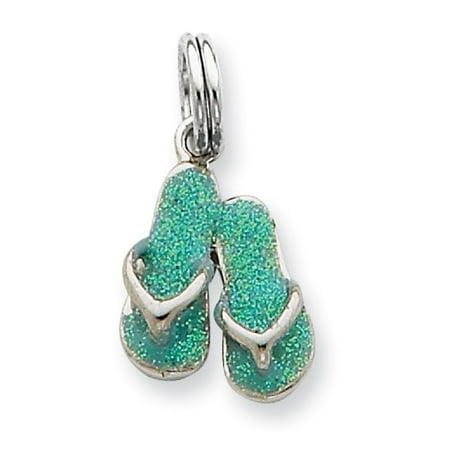 Sterling Silver Flip Flop Charm - Sterling Silver Green Enamel Flip Flops Charm