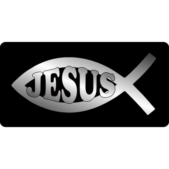 Jesus Fish Chrome On Black Photo License Plate
