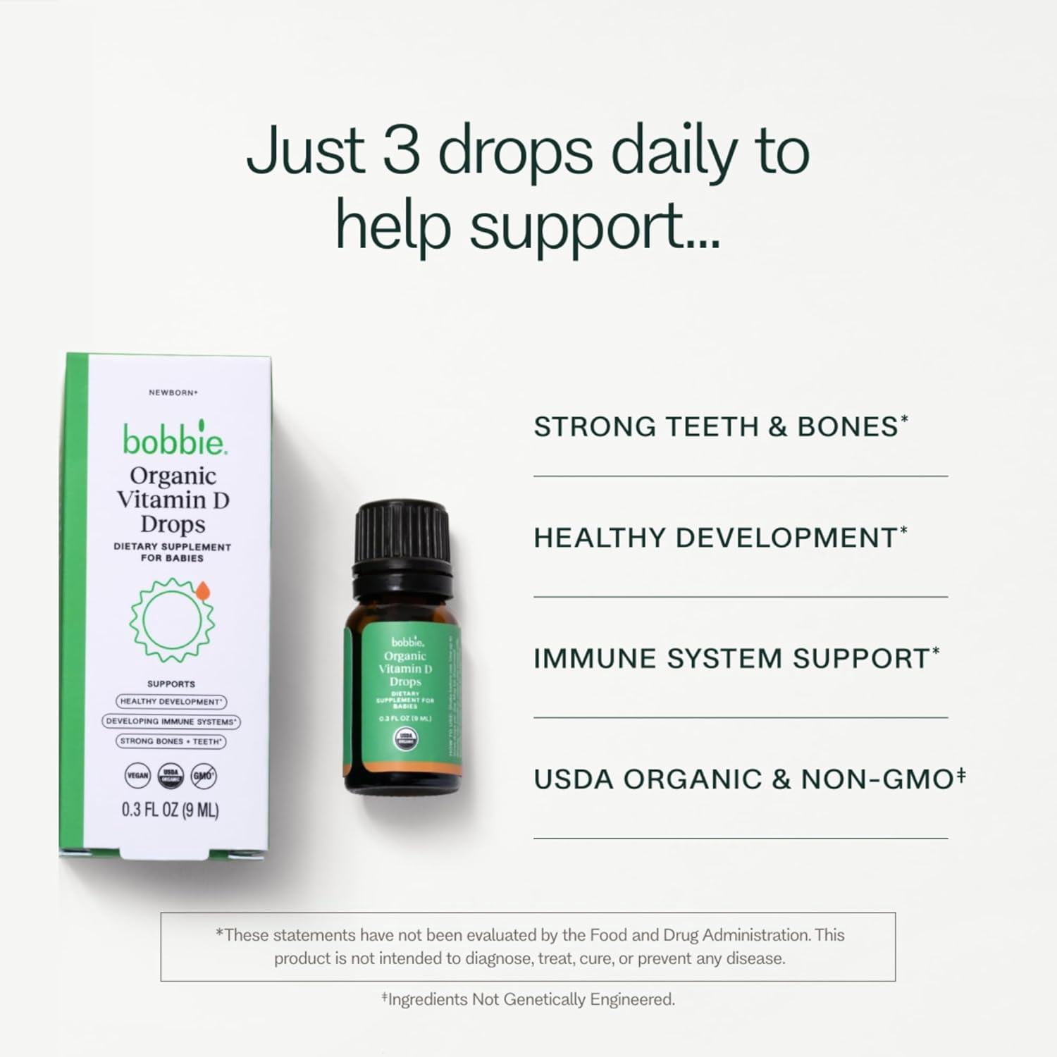 Bobbie Organic Infant Vitamin D Drops, Daily Dietary Supplement for Babies, Immune System and Healthy Development Support, Certified USDA Organic, 0.3 fl oz