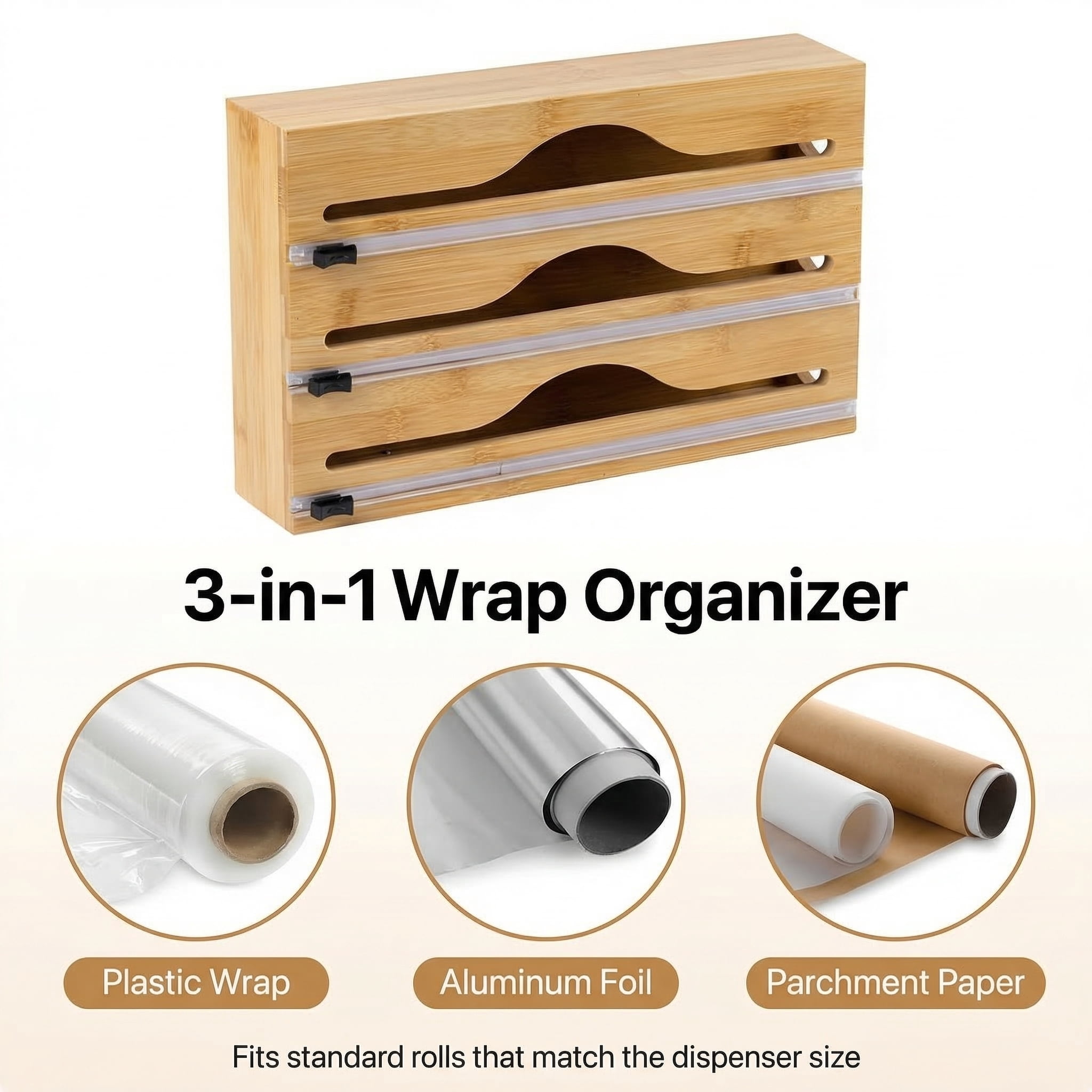 CNDRLEF 3-in-1 Bamboo Wrap Organizer with Sliding Cutters, Wall Mount or Drawer Kitchen Wrap Storage for Plastic Wrap, Aluminum Foil & Parchment Paper, Fits Up to 12.5" Rolls, Natural