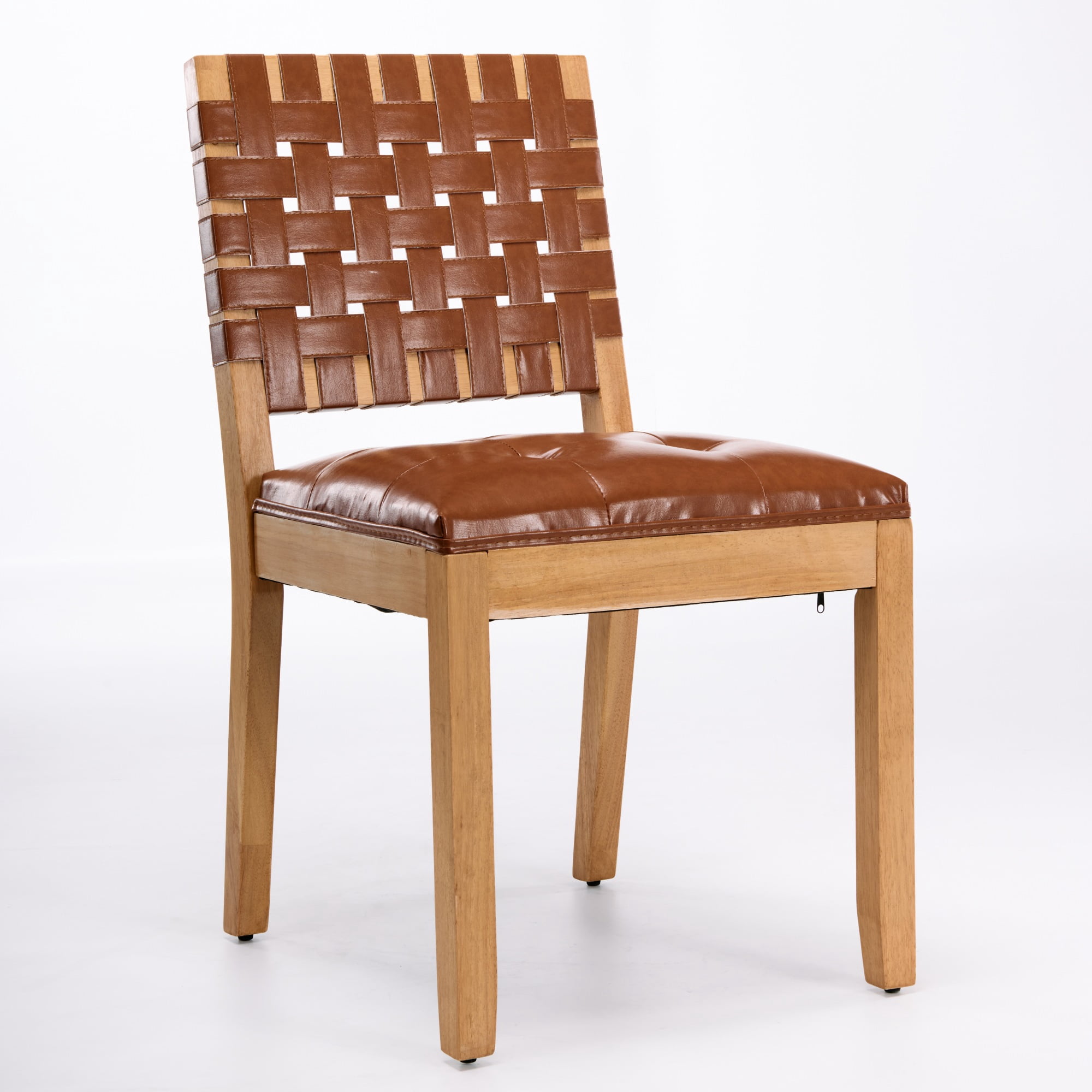 2-Piece Woven Backrest Dining Chairs, Mid‑Century Modern Armless Kitchen Chairs, PU Leather Upholstered Seat Accent Side Chair