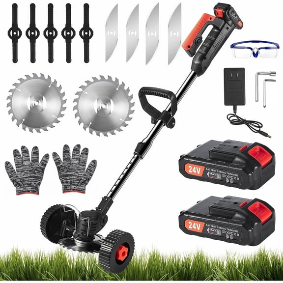 Paddsun Electric Weed Wacker, Battery Powered Cordless String Trimmer Edger with Wheels,Electric Weed Eater Cutter Lawn Mower Edger Tool,Adjustable Handle,3 Function Blades Cutter for Yard and Garden