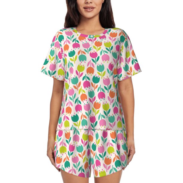 Balery Tulips Flowers Conjunto de Pijama para Mujer con Estampado, Dos Piezas de Manga Corta y Shorts, Ropa de Dormir Suave con Cuello Redondo y Bolsillos-Medium