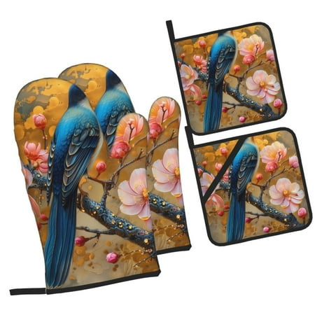 

Balery Bluebird Blossom Elegance Pattern Oven Mitts and Pot Holders 4 pcs Set Kitchen Oven Glove High Heat Resistant 500℉ Oven Mitts with Non-Slip Silicone Surface