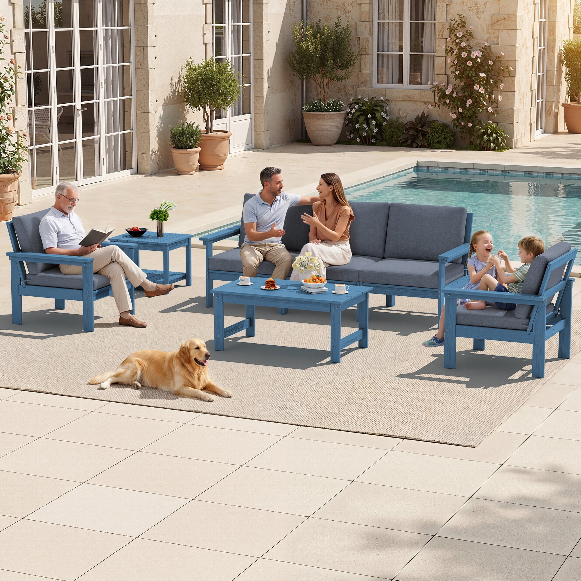 SERWALL Outdoor Patio Furniture Set, 7-Piece HDPE Outdoor Sofa Set Patio Conversation Set, Blue Frame with Grey Cushions