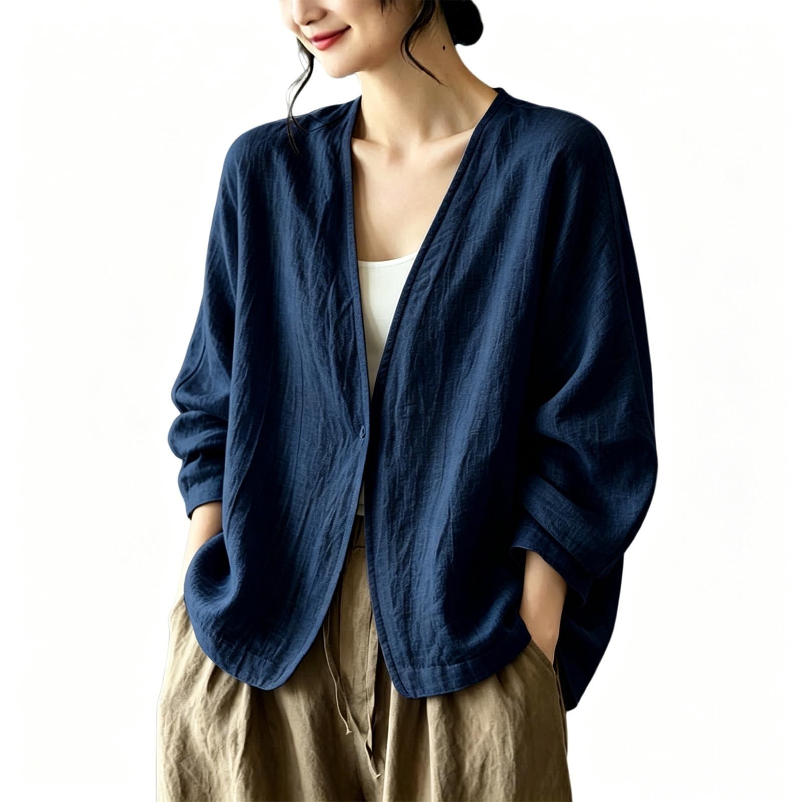 Warop Women s V Neck Open Front Cardigan Long Sleeve Loose Solid Casual Knit Outwear for Daily and Work Wear