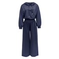 thumbnail image 5 of Szluipve 2 Piece Sets for Women 2 Piece Tracksuit V‑Neck Drawstring Hoodie Top High Waist Pleated Wide Leg Pants Set Casual Loose Matching Loungewear Outfit With Pockets Navy S, 5 of 7