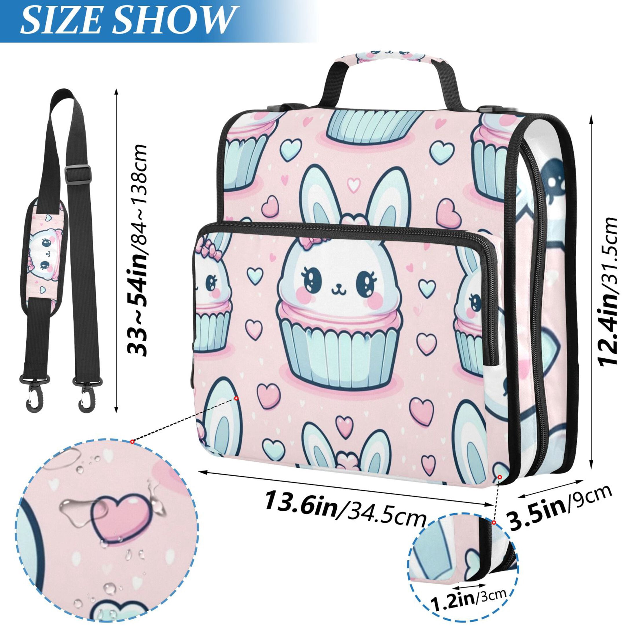 3 Ring Zipper Binder with Shoulder Strap Waterproof Trapper Keeper 2 Inch D-Ring 500 Sheets Capacity Cute Rabbit in Cupcake
