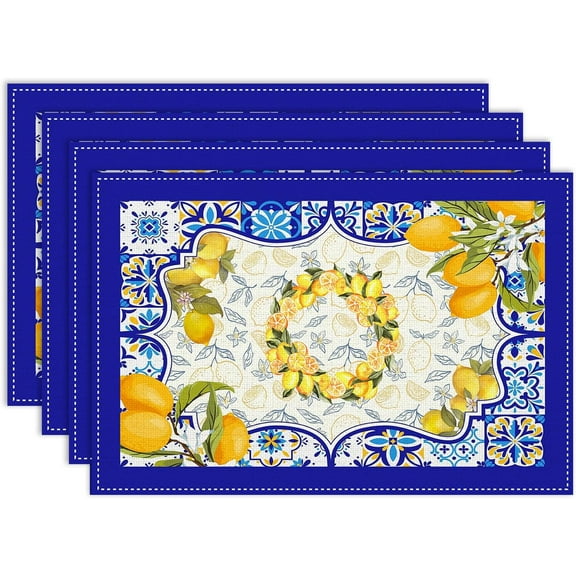 Lemon Placemats Set of 4, 12x18 Inch Yellow and Blue Mediterranean Summer Fruit Italian Tiles Seasonal Heat Resistant Table Mats for Dining Kitchen Birthday Party Holiday Decor