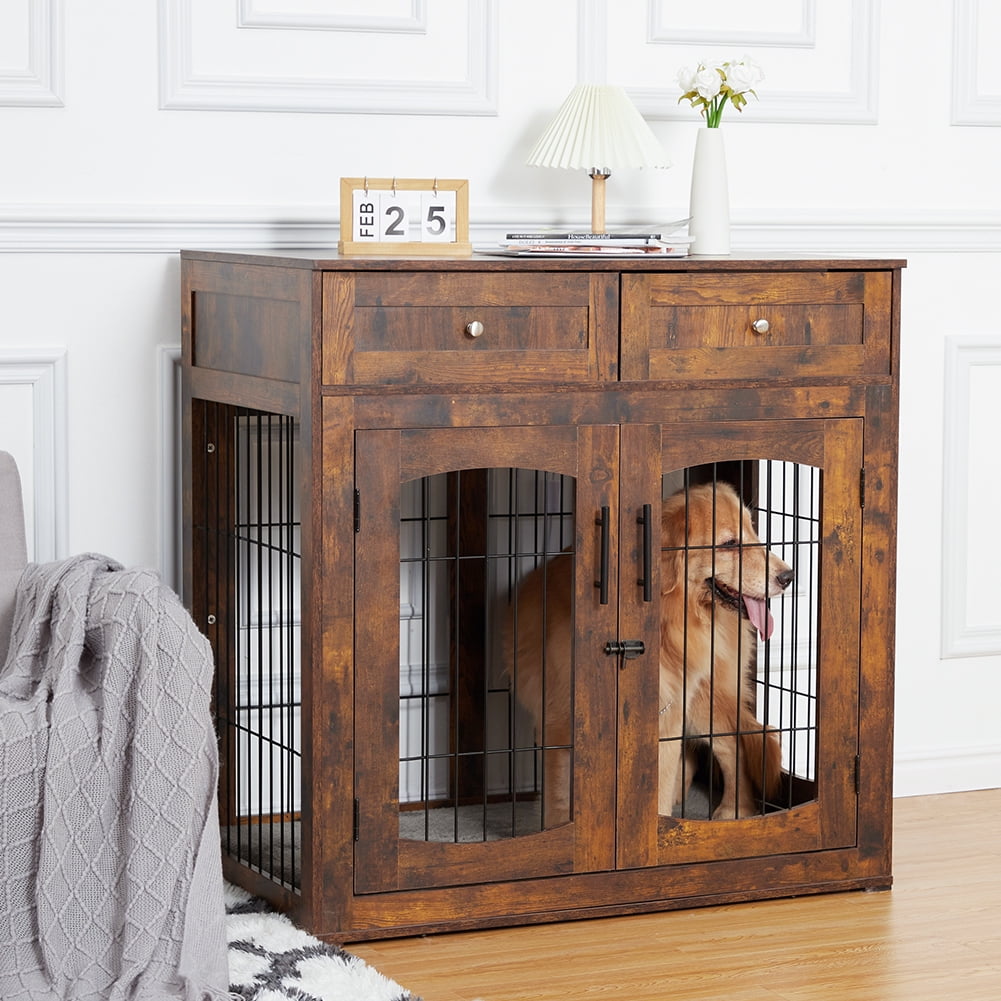 Dog Crate Furniture with 3 Doors, Large Kennel with 2 Drawer