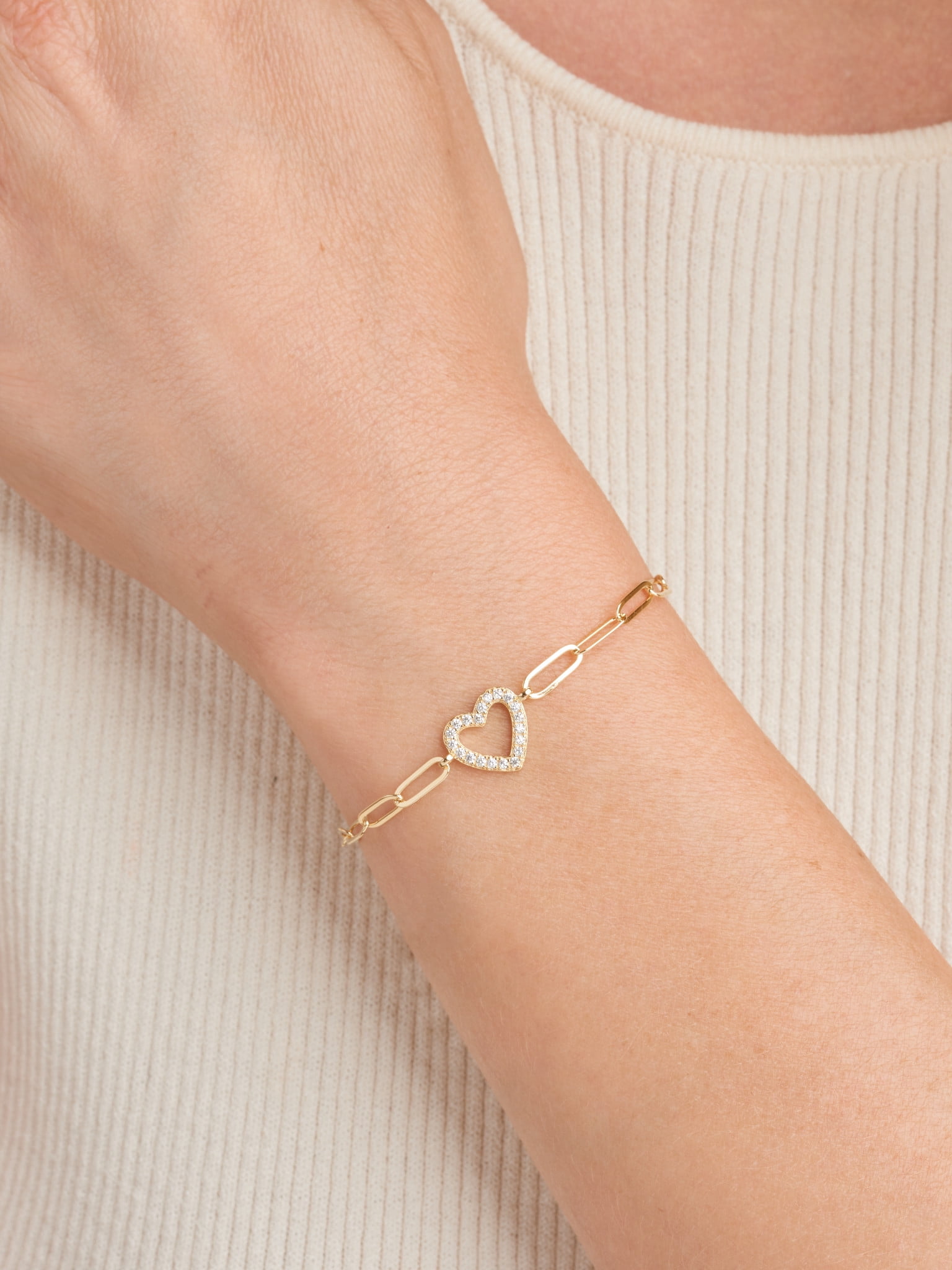 Forever Facets Women's 18K Gold Over Sterling Silver CZ Heart Paperclip Bracelet, 6 3/4" + 1 1/4" Extender