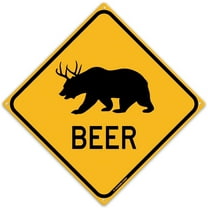 Beer Crossing Bear With Deer Antlers 12" x 12" Funny Tin Road Sign